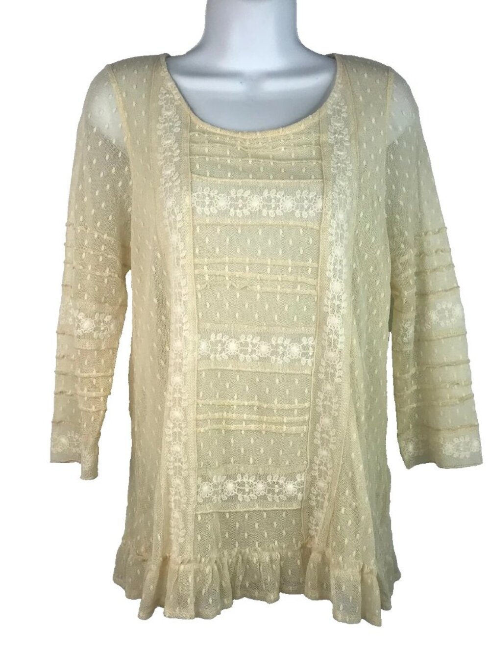 Free People Victoria's Mesh Lace Blouse Size M Antique Ivory Swiss Dot Floral